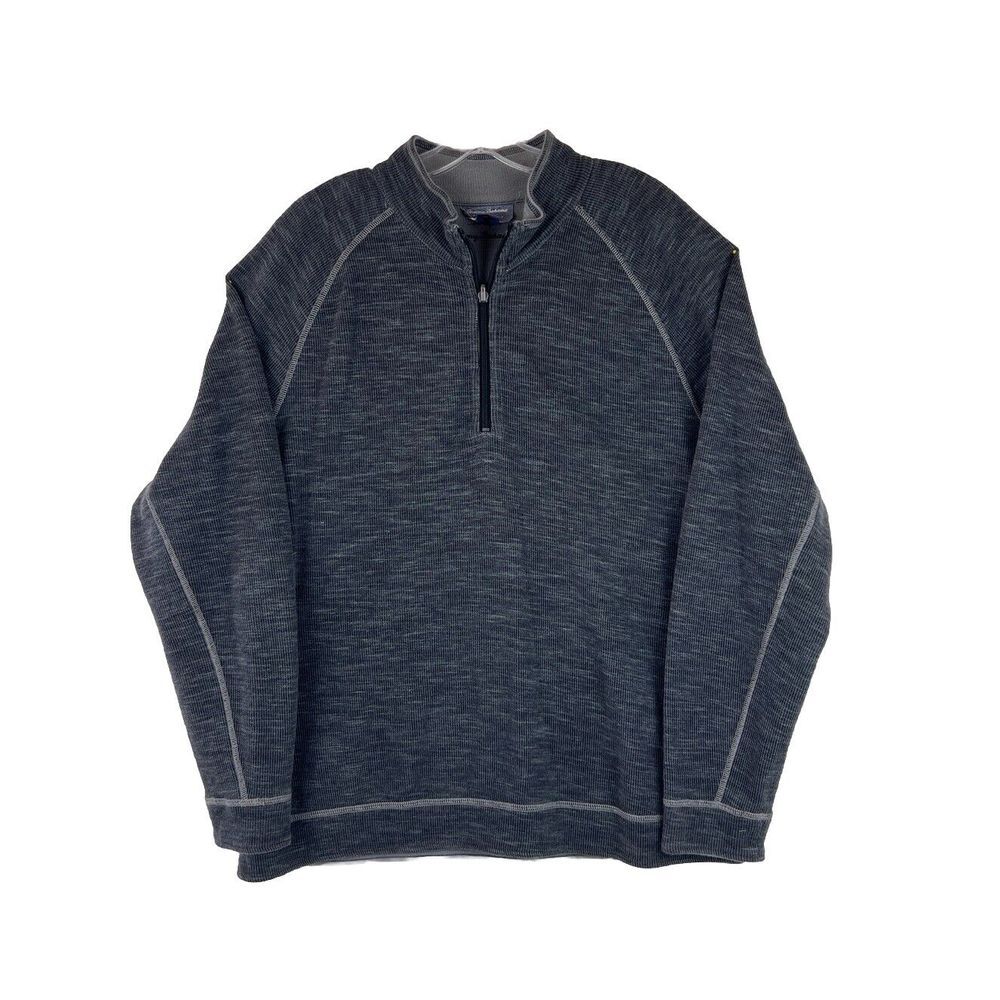 TOMMY BAHAMA Gray Cotton Tencel Reversible 1/4 Zip Waffle Knit Pullover Size XL
